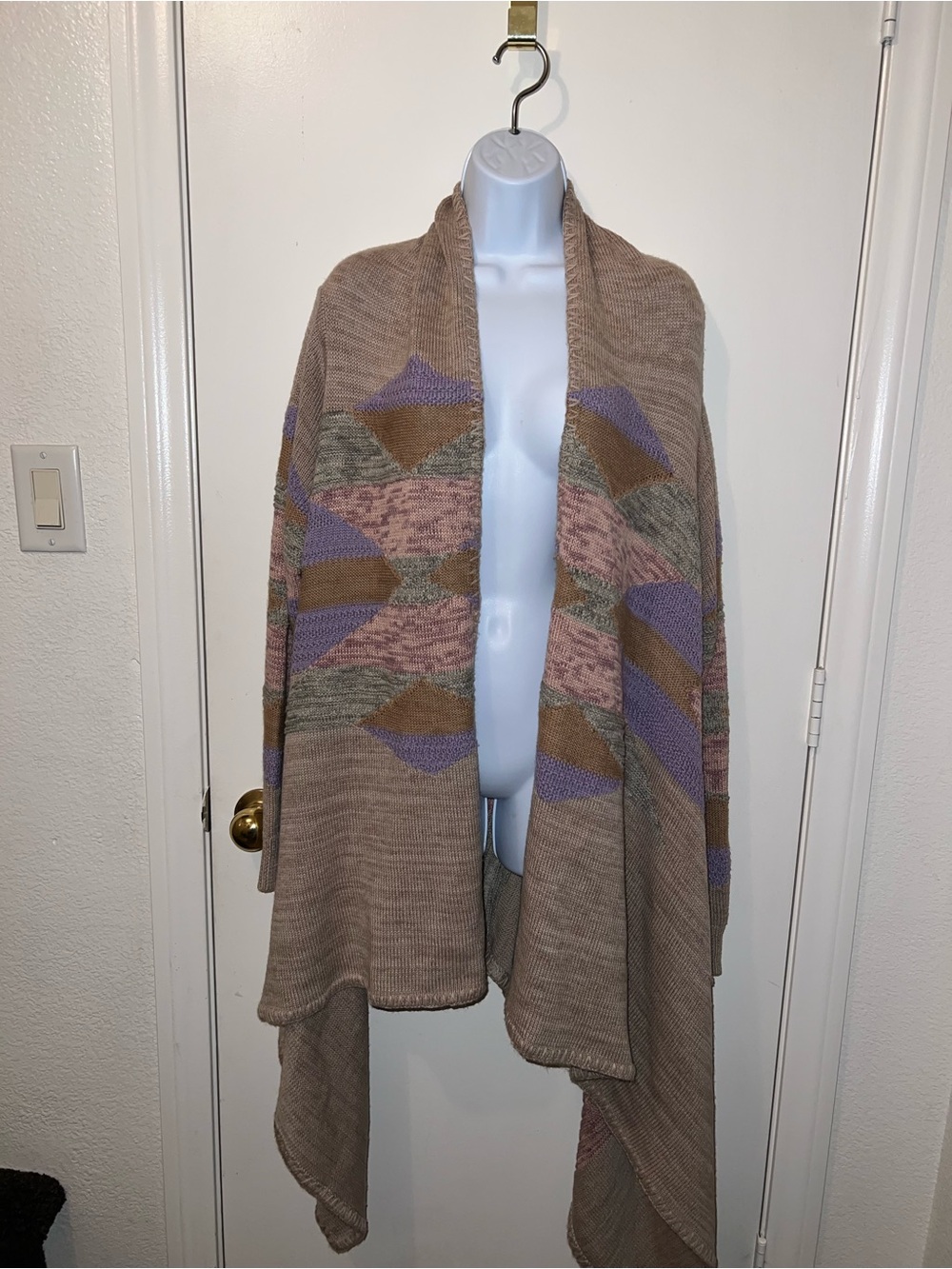 Ralph Lauren Taupe Draped Open-Front Cardigan with Pastel Geometric Pattern